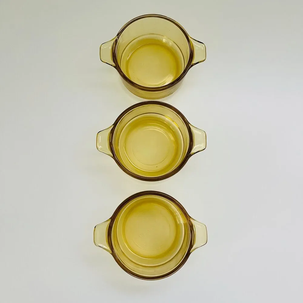 DYNAWARE PYR-O-REY Amber Yellow Glass Small Casserole Dishes With Lids, Set of 3